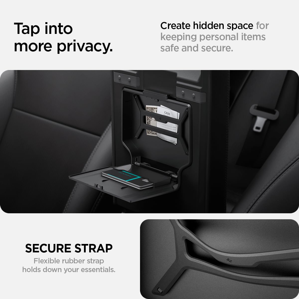 Spigen One-Tap Hidden Storage Box for Tesla Model Y Juniper (Standard, Premium & Performance 2026/2025) and Model 3 Highland (Standard, Premium & Performance 2026/25/24)