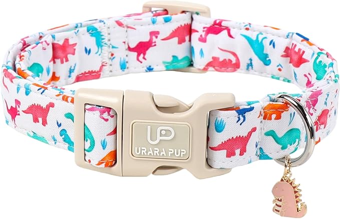 UP URARA PUP Summer Dog Collar, Adorable Dinosaur Cotton Dog Collar with Quick Release, Gift Dino Collars for Small Medium Large Boys Dogs Cute Durable Comfortable Pet Collars