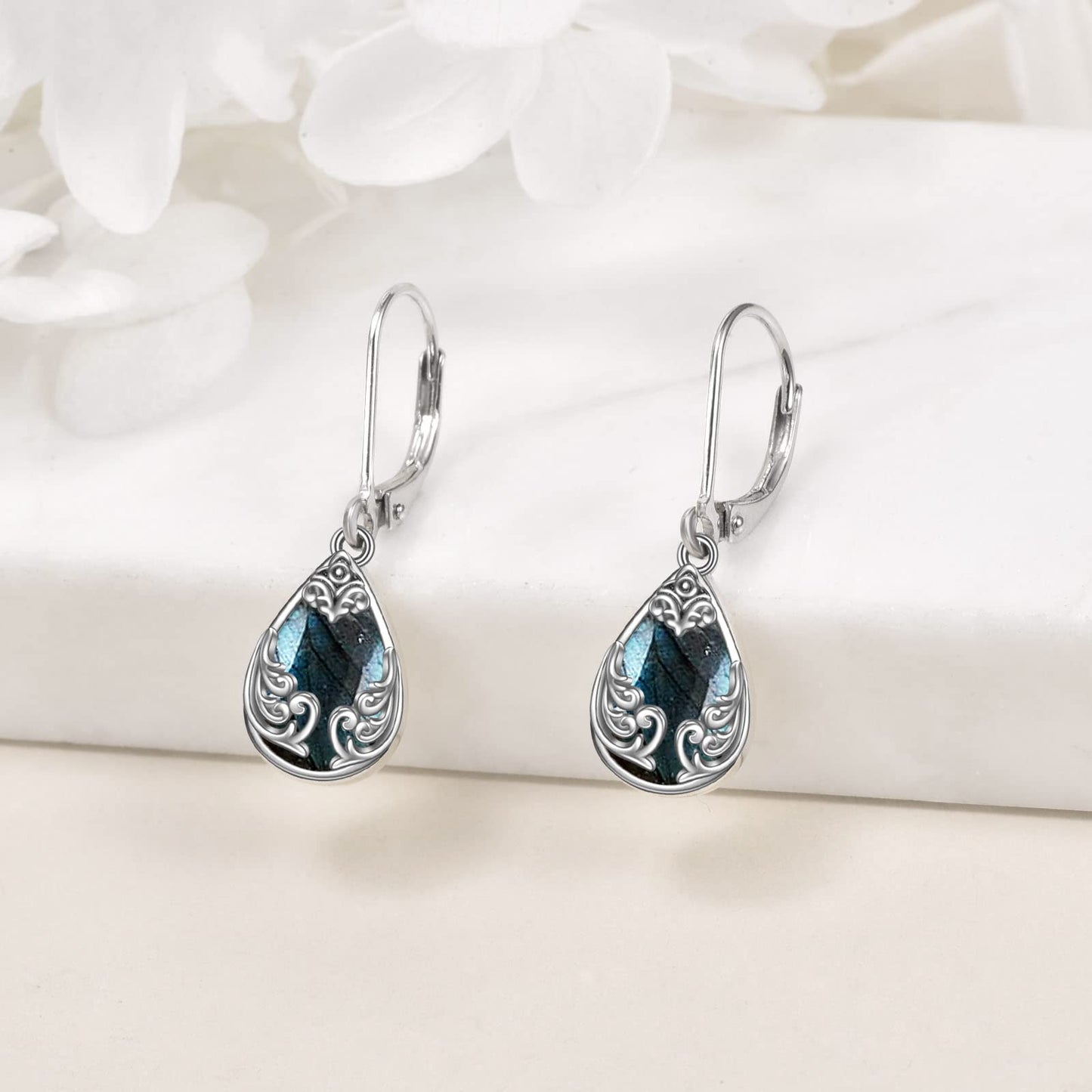 POPLYKE Labradorite Filigree Teardrop Drop Dangle Earrings Sterling Silver Leverback Earrings Jewelry