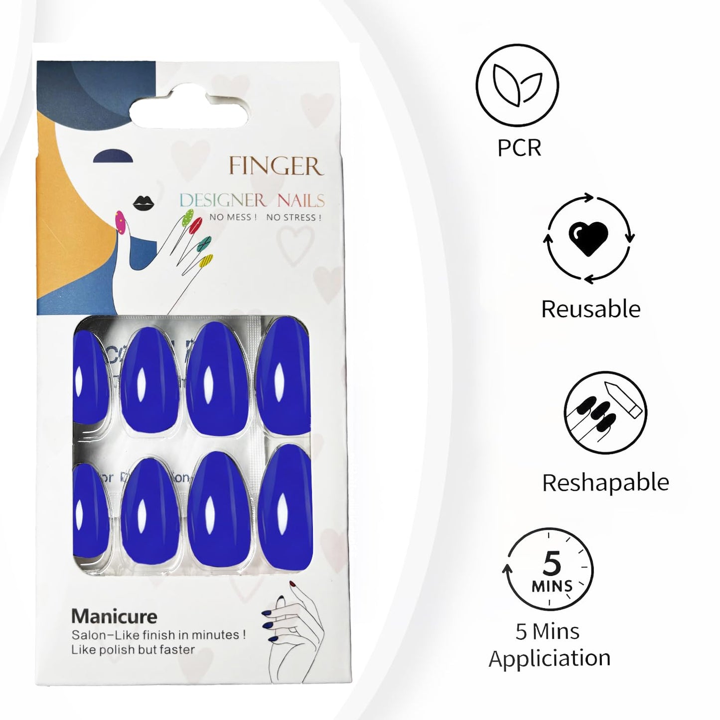 Blue Press On Nails Almond -Short Press On Nails with Nail Glue, Fit Perfectly & Natural Reusable Stick On Nails in 12 Sizes - 24PCS Soft Gel Glue On Nails Kit