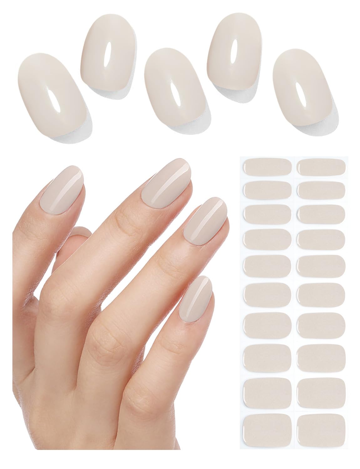 Semi Cured Gel Nail Strips, 20pcs Light Kahki Gel Nail Stickers UV for Home Nails DIY