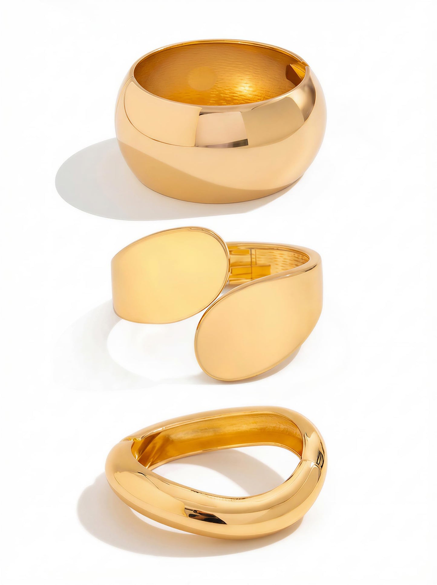 ALEXTINA 3Pcs Chunky Gold-Tone Bangle Bracelets for Women, Wide Polished Bracelets Set Minimalist Statement Bracelet Open Cuff Bracelets