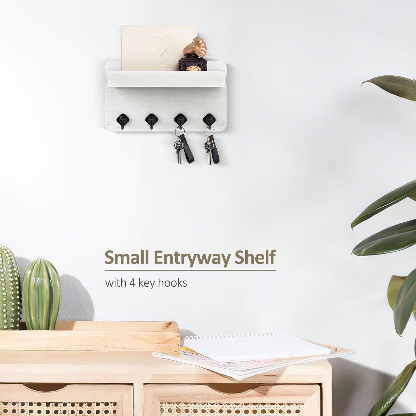 Nekon Key Holder Wall Mount, 8.5 Inch Small Home Decor Wooden Wall Organizer with 4 Hooks and Shelf, Key and Mail Holder for Living Room Entryway Kitchen(White)