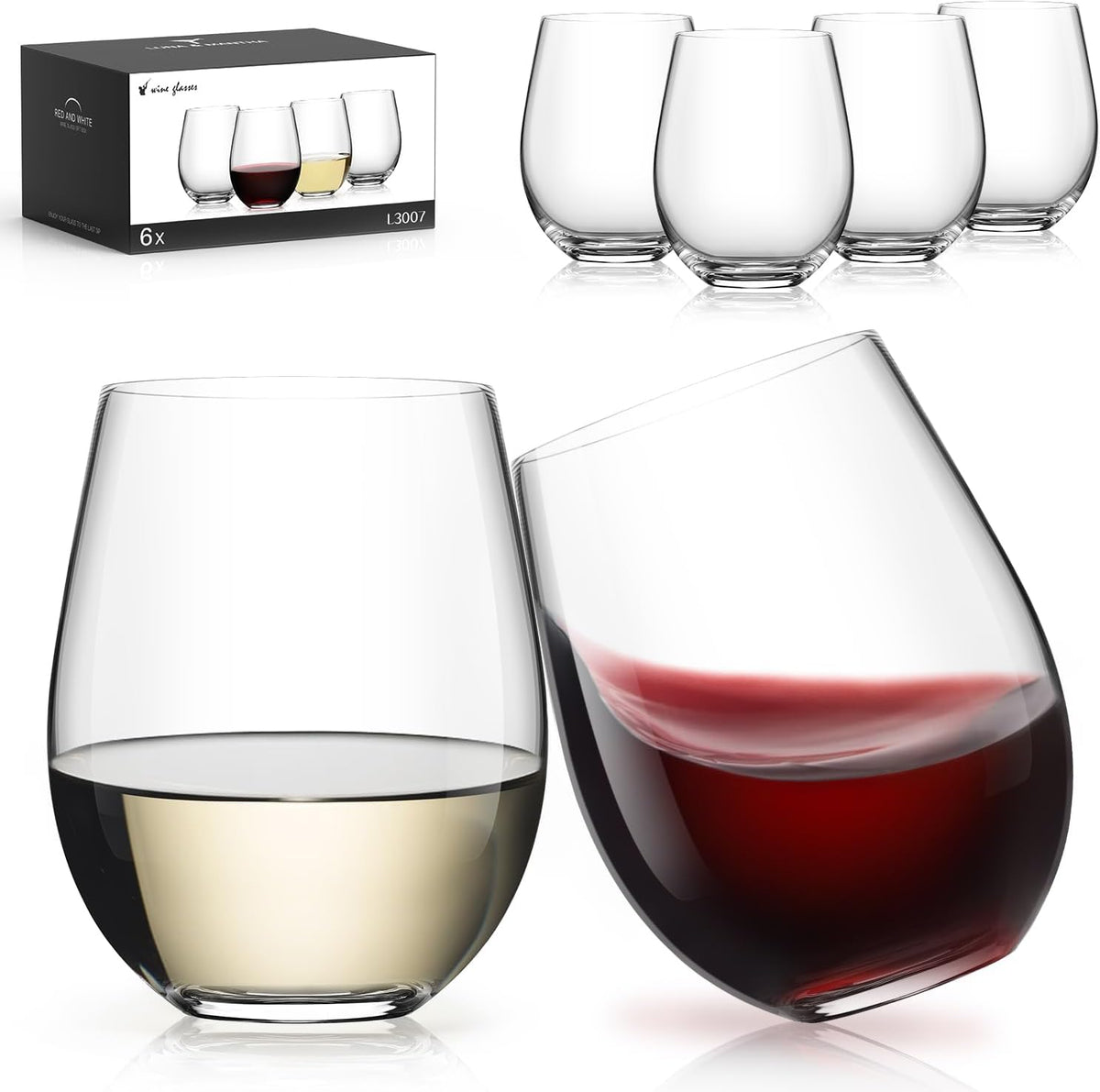 LUNA & MANTHA Stemless Wine Glasses Set of 6, 18oz Crystal Red White Wine Glasses for Daily Use, Hosting, Home Bar, Evening Party, Birthdays, Shower, Housewarming Gift, Clear