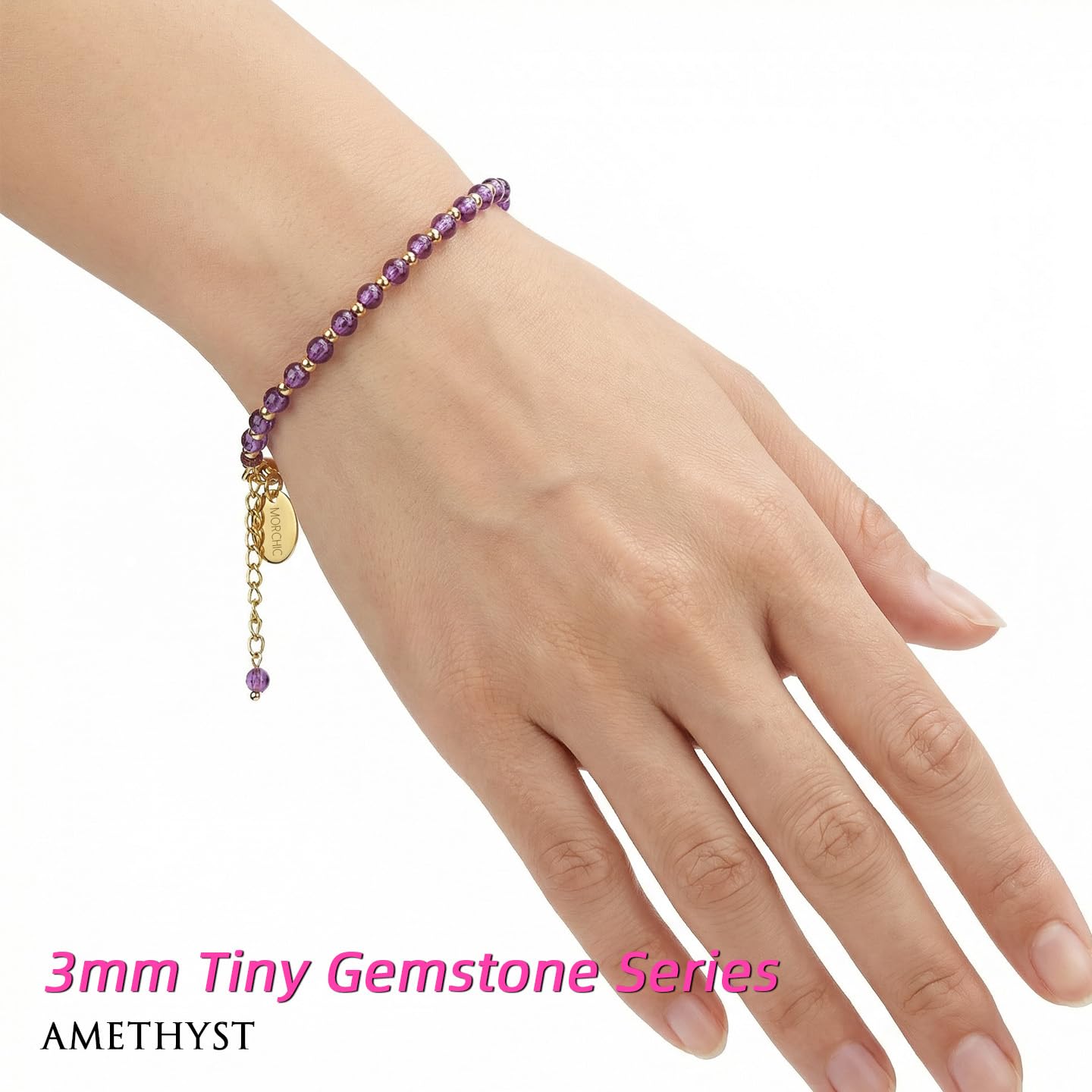 Morchic 3mm Purple Amethyst Quartz Natural Gemstone Beaded Bracelet for Women, Dainty Charm Jewelry, Adjustable 7.1-8.6", Ideal Birthday Holiday Gift