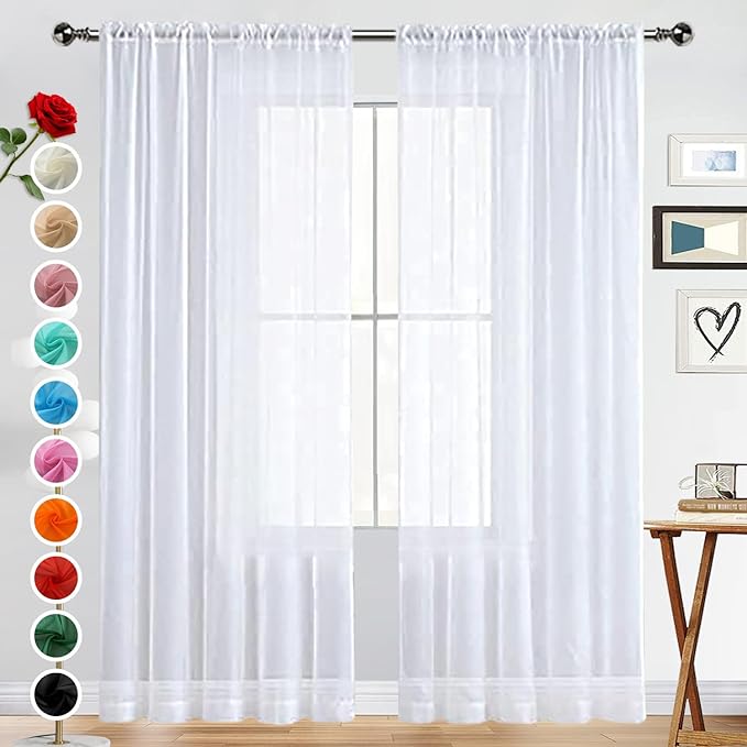 SpaceDresser Basic Rod Pocket Sheer Voile Window Curtain Panels White 1 Pair 2 Panels 60 Width 96 Inch Long for Kitchen Bedroom Children Living Room Yard（White，60Wx 96L）