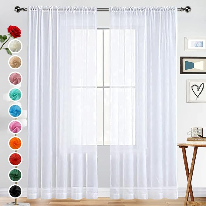 SpaceDresser Basic Rod Pocket Sheer Voile Window Curtain Liners White 2 Panels 42 Width 63 Inch Long for Kitchen Bedroom Children Living Room Yard（White，42Wx 63L）