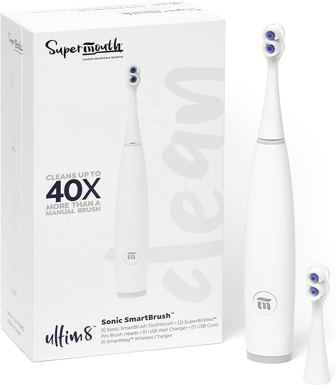 SuperMouth® ULTIM8 SmartBrush™ Electric Toothbrush - Patented SuperBristles® Clean Teeth 40X Better, Dual Sonic Modes, Pressure Sensor, Stunning Design - Teens & Adults - Pearly White
