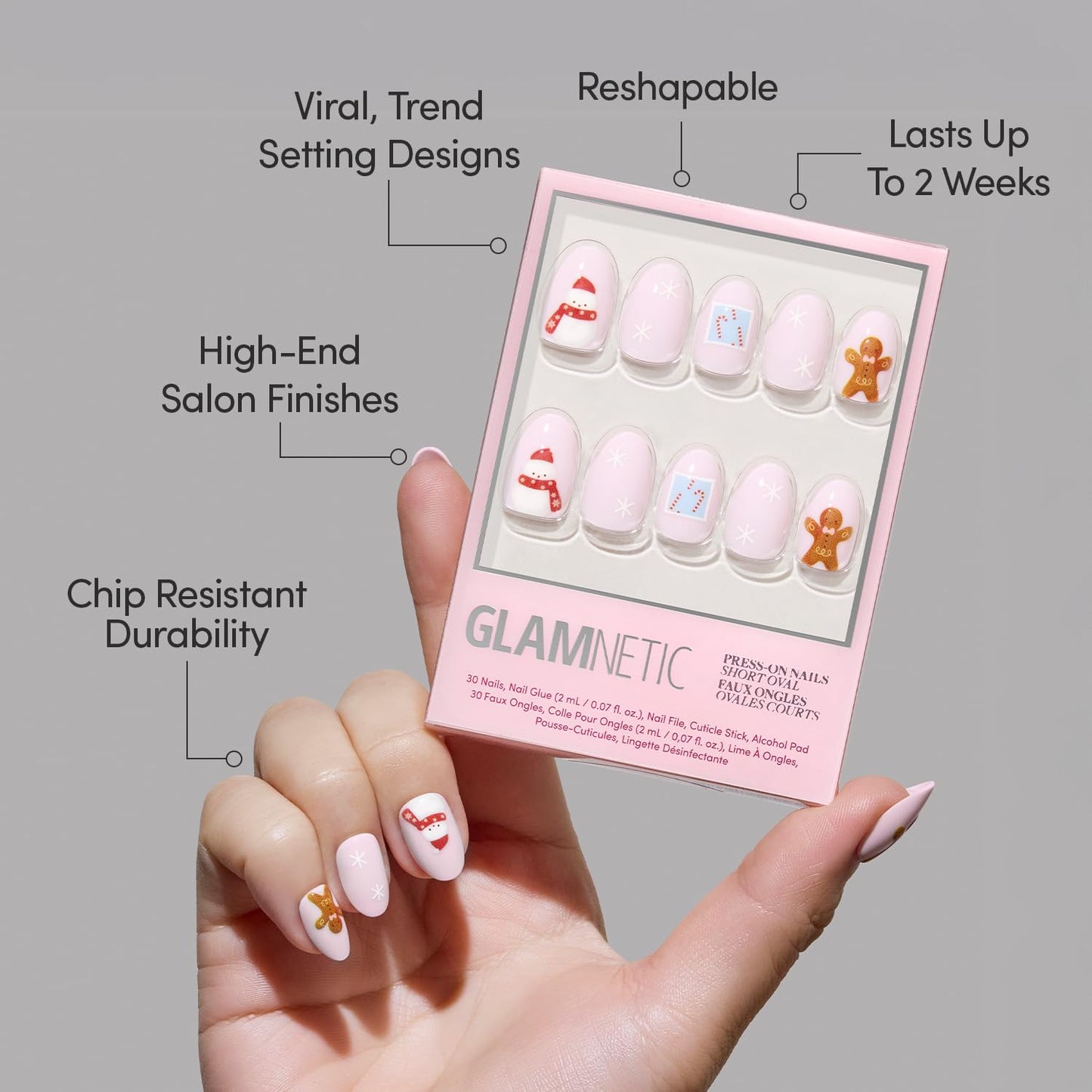 Glamnetic Press-On Nails Bundle - Cocoa & Kisses & Candy Crush | Short Oval Nude Nails with Festive Winter Graphics | Short Oval Fake Nails with Candy Cane Swirl Design and Velvet Finish | Durable, Sa