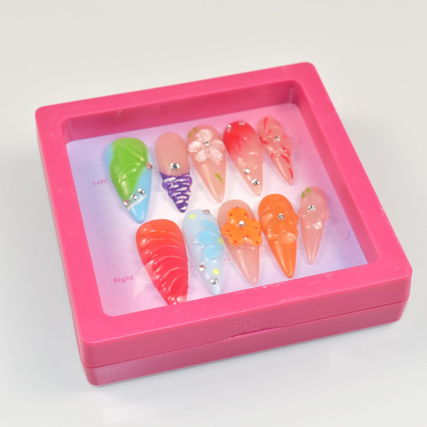 LIFOOST Handmade Press On Nails Long Stiletto Fake Nails Glue Stick On Nails with Flowers Bling Rhinestones