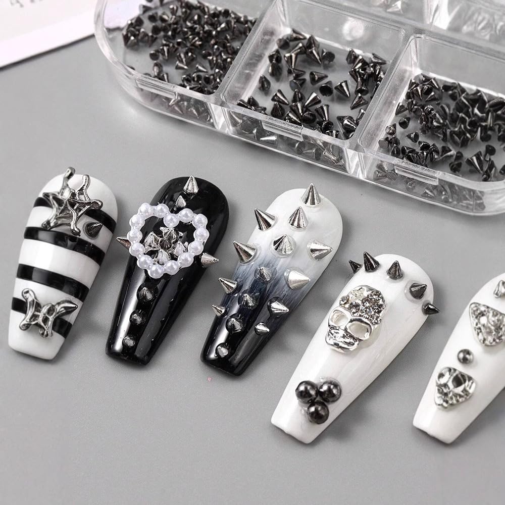 Pizadix 3 Box Punk Silver Nail Charms with Piercing, Studs for Nail Art Decoration