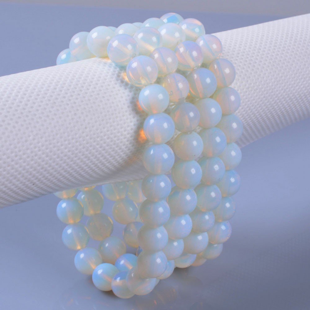 Justinstones Synthetic Opalite Moonstone Glass 8mm Round Beads Stretch Bracelet 7 Inch Unisex
