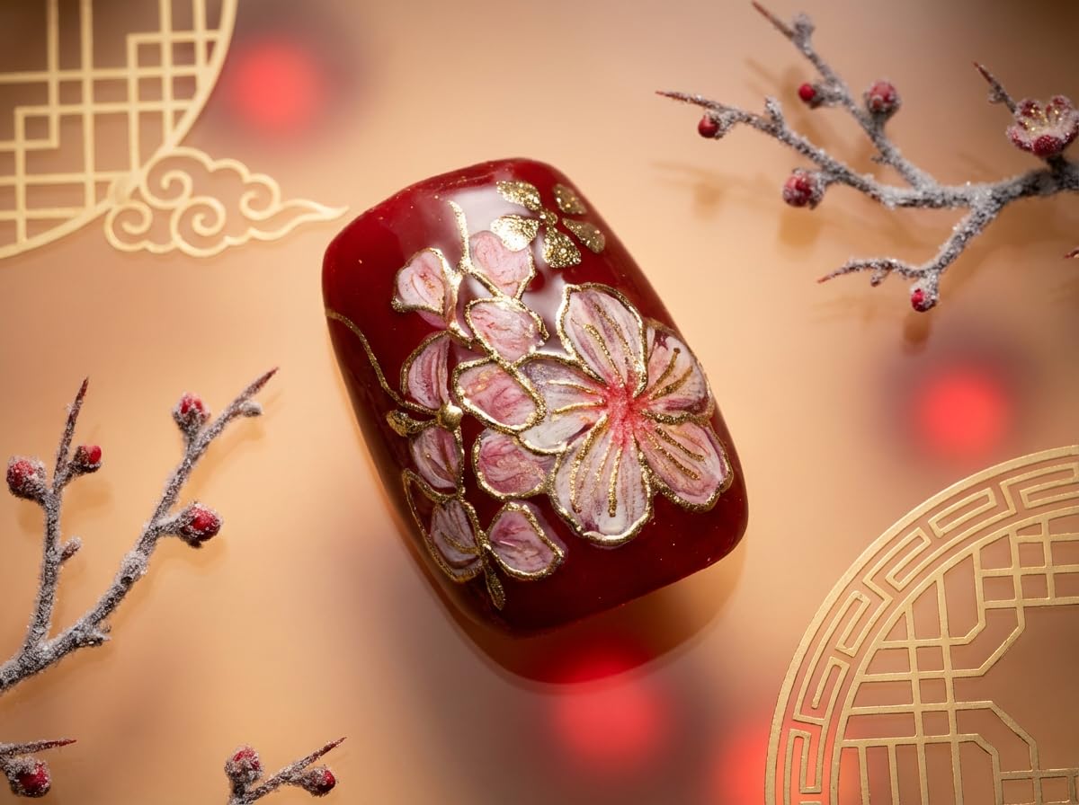 Bridal Bouquet - Handmade Short Coffin Press on Nails Red White Fake Nails with Blossom Design 10Pcs Size L Complete Kit Press Ons - Eli Miré