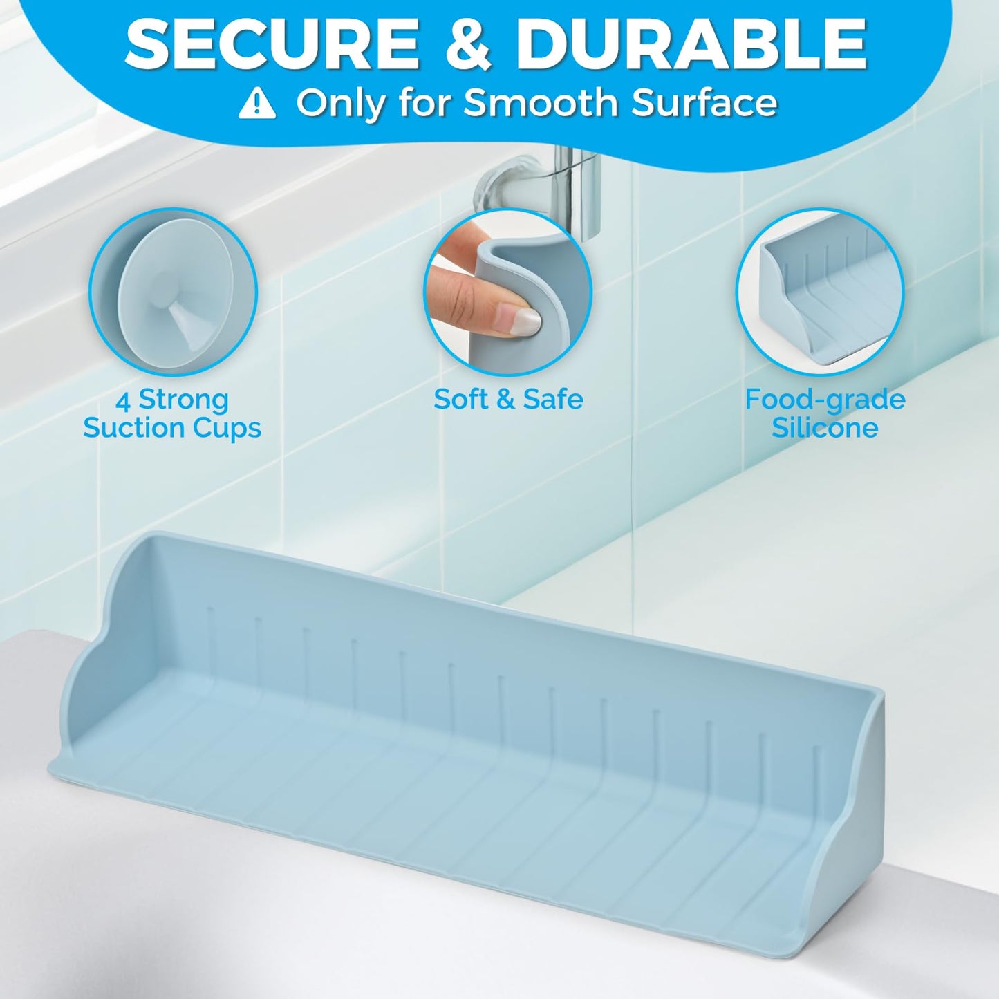Weeme Bathtub Splash Guard, Silicone Bath Caddy Tray with 4 Suction Cups, Kids Toy Holder and Organizer Shelf for Toddler Tub Accessories (Blue)