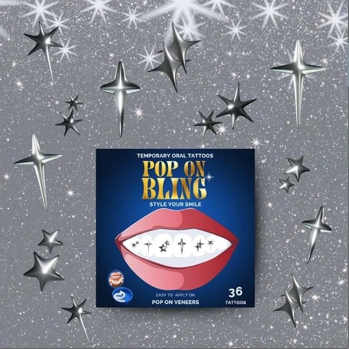Halloween Tooth Bling Tattoo – Temporary Tooth Gem Kit for Teeth – Safe for Teens & Adults, Removable Fun Fake Tooth Tattoo Stickers for Halloween Costume, Party & Cosplay (Silver Sparkles)