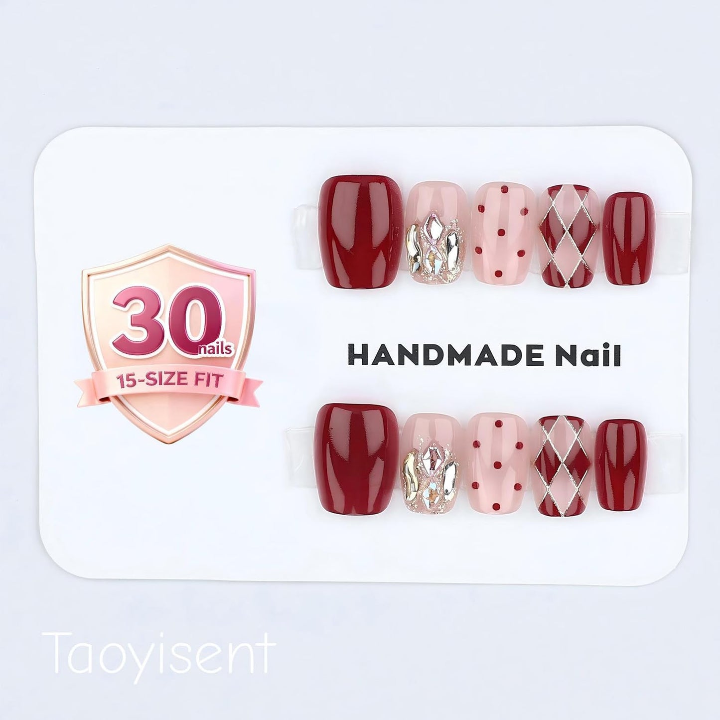 Red Nude Press On Nails with Argyle & Polka Dot Design, Glossy Wine Red Square False Nails, Elegant Short Medium Fake Nails for Women, 30PCS Set (The sizing runs small)