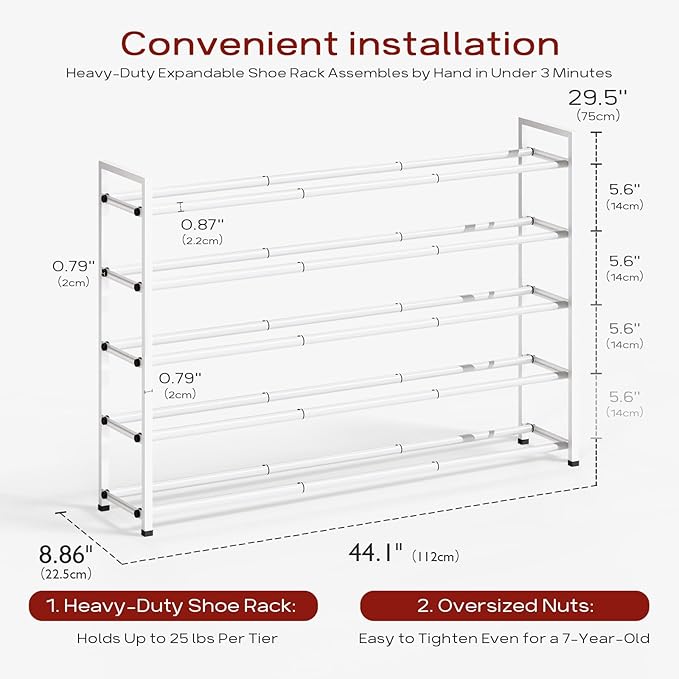 Bumusty 5-Tier Long Expandable Shoe Rack for Closet, 18"-44" Adjustable Shoe Rack for Entryway, 25-30 Pairs Large Shoe Organizer Shelf Storage, Sturdy Metal, White