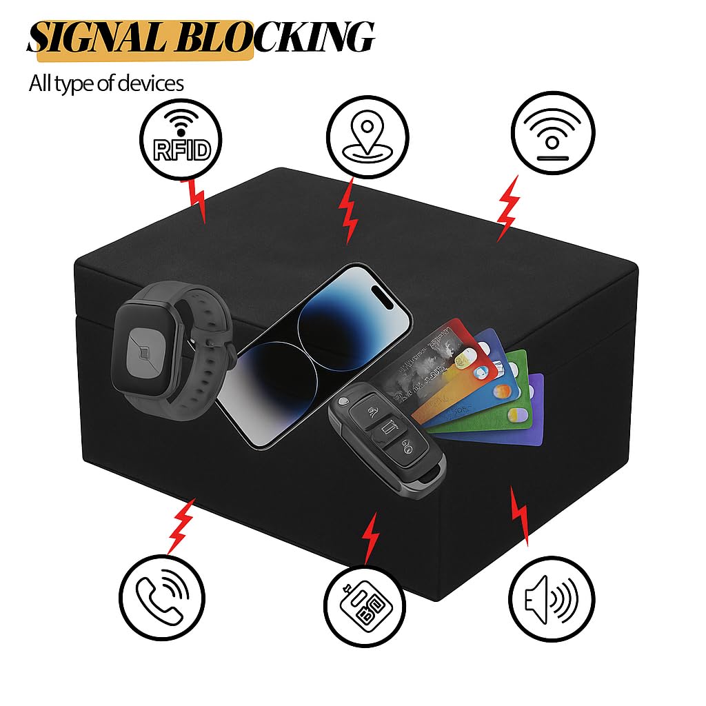 Faraday Box for Car Keys, RFID Signal Blocking Key Fob Protector, Large Capacity Suede Anti-Theft Box with Silver Buckle (Fits Multiple Keys, Phones & Cards) - Black