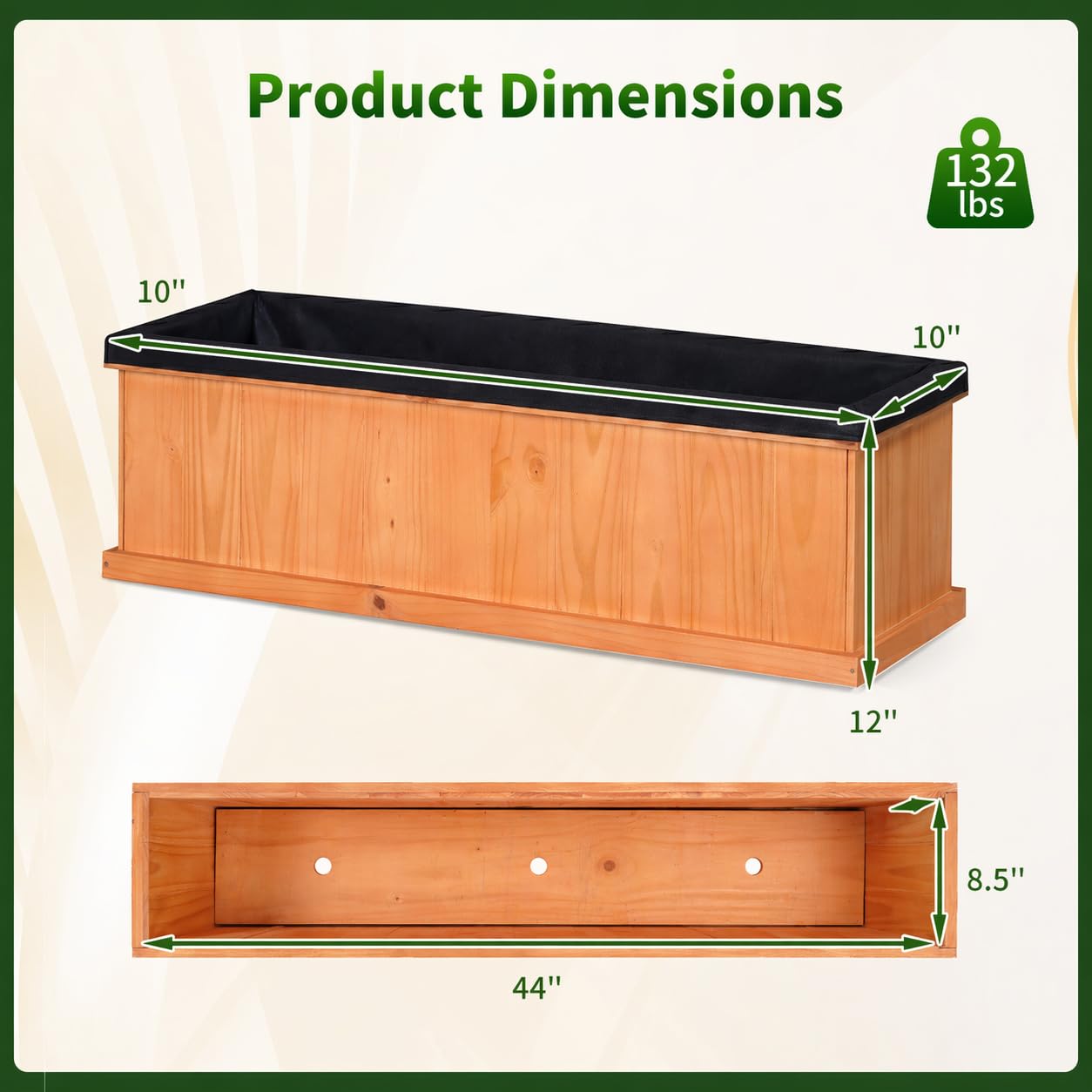 Giantex Raised Garden Bed with 3 Drainage Holes, 44”x10”x12” Wooden Elevated Planter Box w/Removable Bottom & Bed Liner, Elevated Flower Bed, Rectangular Plant Container for Vegetables Herbs & Fruits