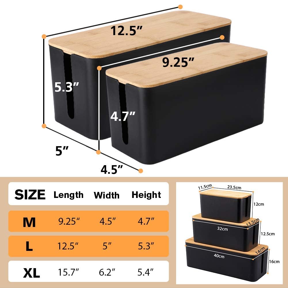 Cable Management Box, 2 Pack Bamboo Lid Large Storage Wires Organizer Holder for Home, Desk, TV, Computer, USB Hub - to Cover Hide Surge Protector Conceal Power Strips & Cords (Black)