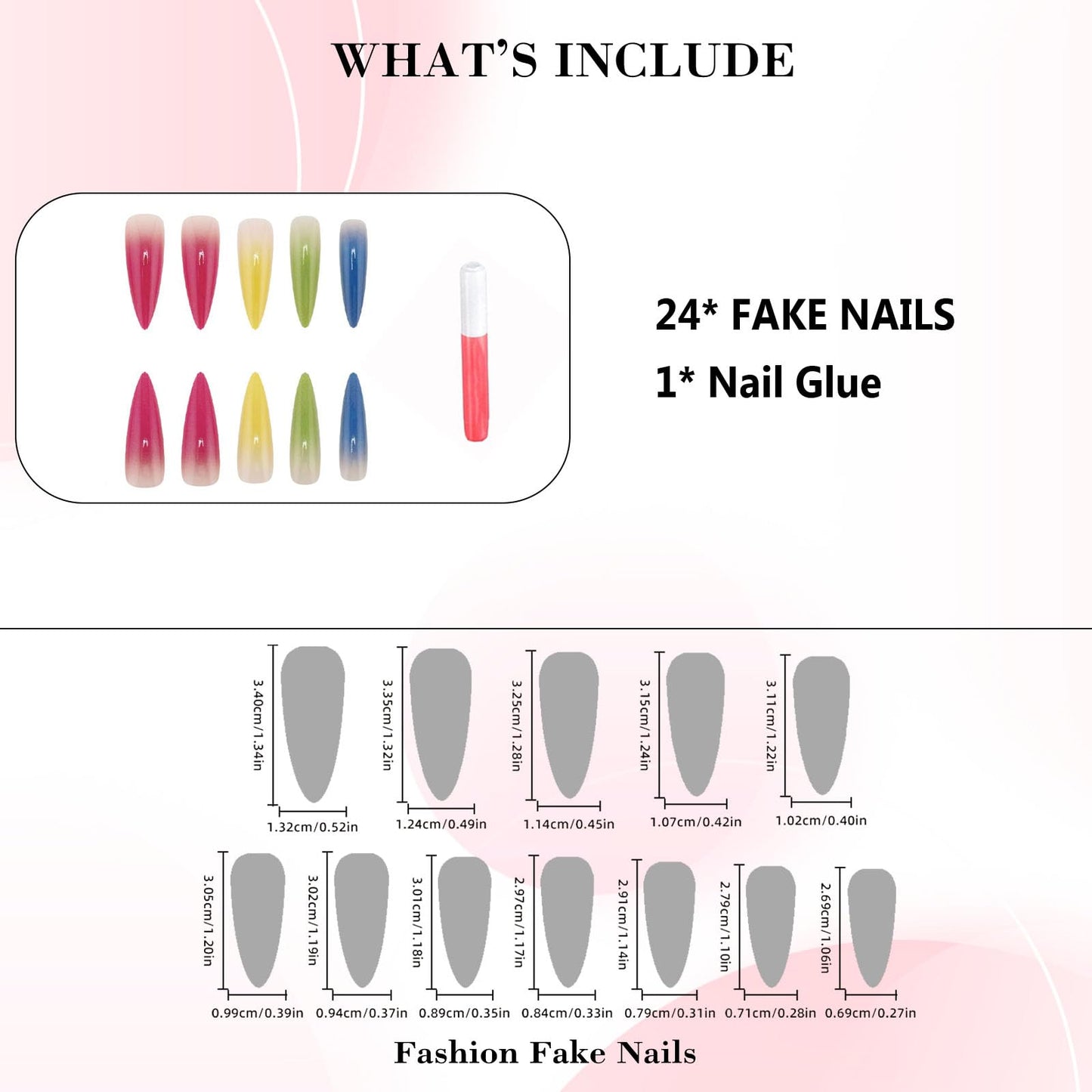 IMRAIN Colorful Ombre Press on Nails Long Stiletto Fake Nails Gradient Artificial False Nails Glossy Pink, Yellow, Green, Blue Acrylic Nails Full Cover Spring Stick on Nails