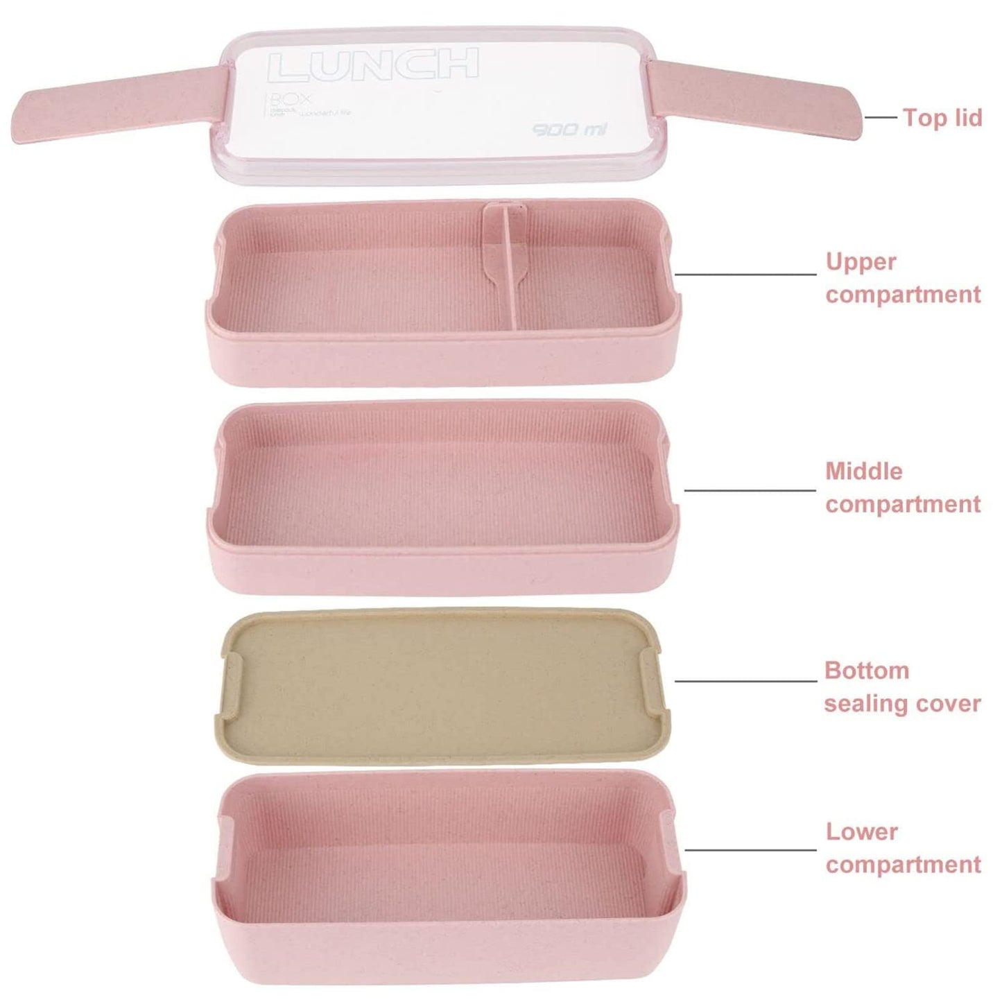 Rarapop 2 Pack Stackable Bento Box Japanese Lunch Box Kit with Spoon & Fork, 3-In-1 Compartment Wheat Straw Meal Prep Containers for Kids & Adults (Pink/Beige)