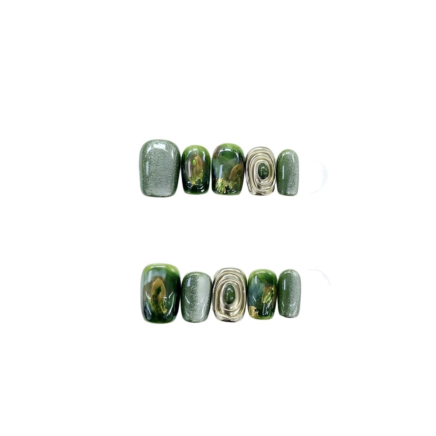 Light Luxury Handmade Green Marble Effect Press-On Nails, Reusable Glitter Artificial Nail Art Set with Gold Wire Design, Salon Quality Manicure Kit (S)