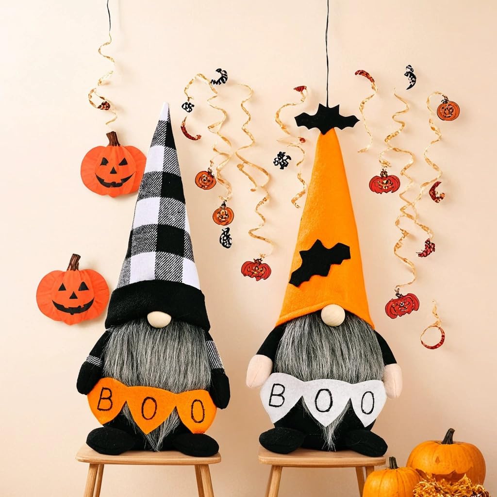 Halloween Gnomes Decoration 2 Pack Figures- 10.6'' Plush Gnome Decorations with Boo & Bat Designs, Cute Home Decor for Bookshelf, Window, Porch, Party, Halloween New Year Gift (Boo & Bat Gnomes)