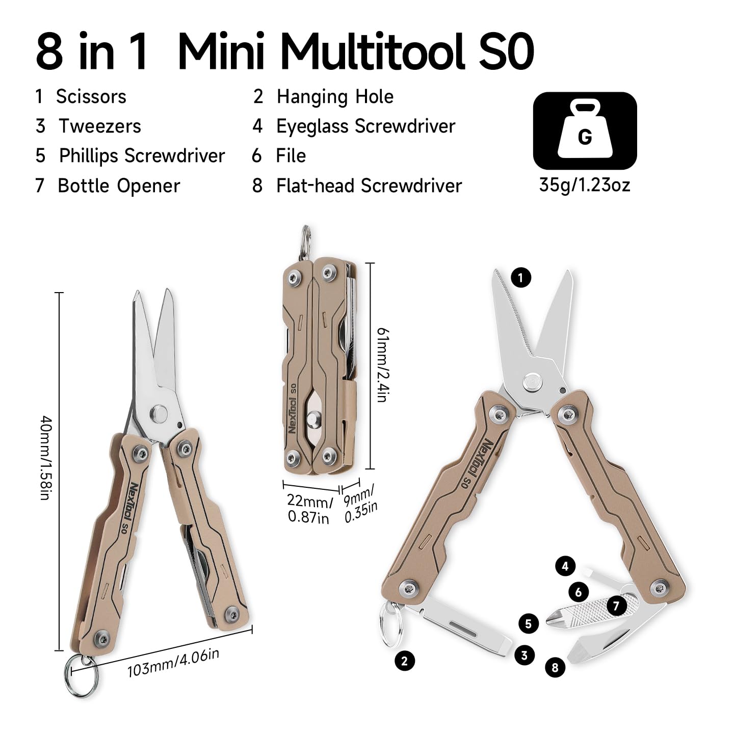 NexTool Micro Sailor Scissors S0, Mini Keychain Multitool with Serrated Scissors, 8-in-1 Lightweight EDC Tool for Travel, Outdoor, Everyday Carry, Cool Gadget for Men(khaki)