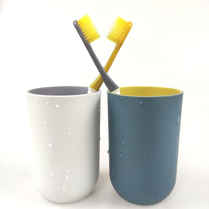 Unbreakable Reusable Drinking Cups Set of 2 Colors, Plastic Toothbrush Cup Tumblers 300 ml/10.5 oz, Dishwasher Safe (Light gray & Navy blue)