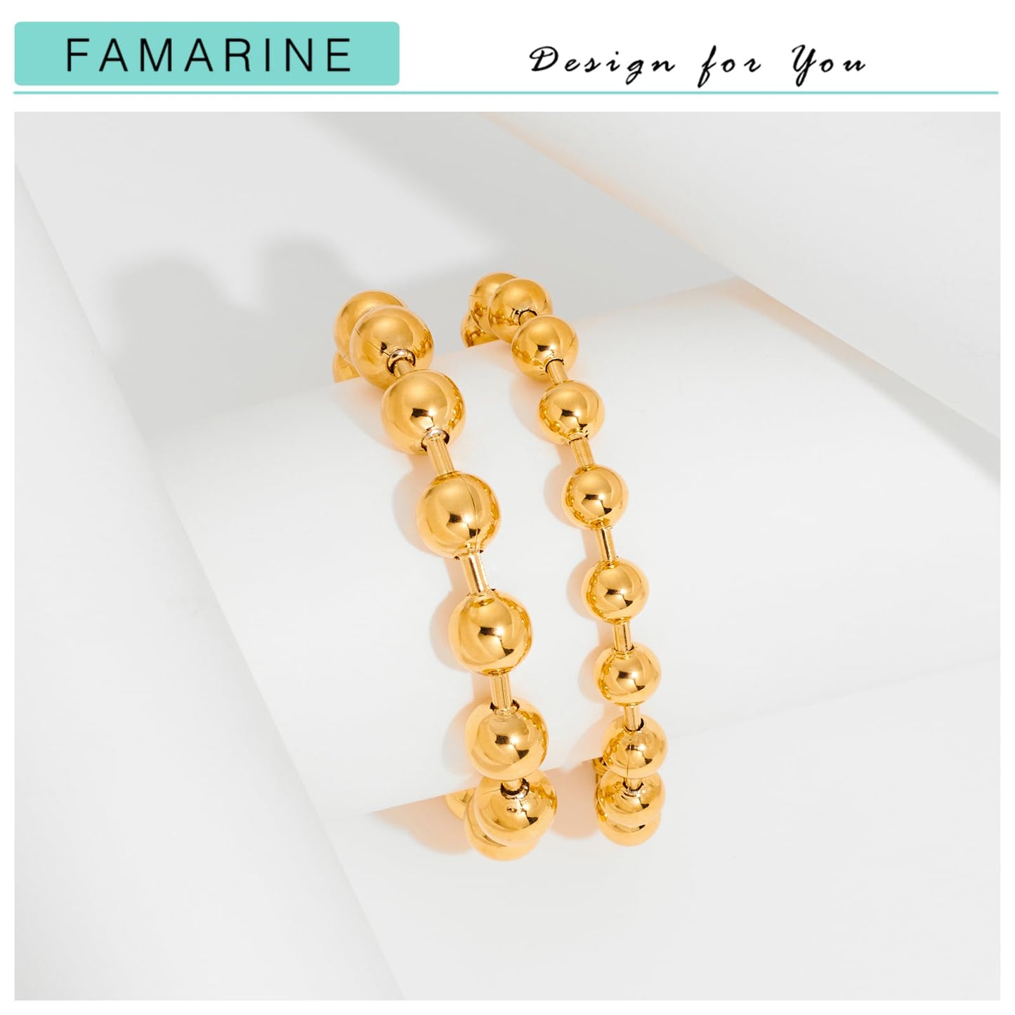 FAMARINE 2 Pairs Beaded Bangle Bracelet, Stainless Steel Bead Stackable 14K Gold Plated Bracelet for Women Men