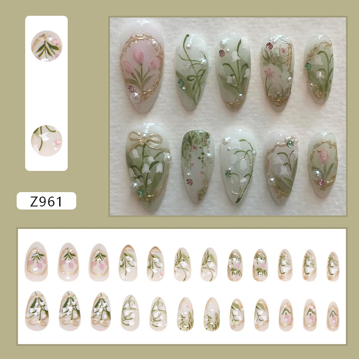24Pcs Green Press on Nails Medium Almond Fake Nails 3D Pearl Rhinestones Glitter Designs Gold French Tips Flower Glue on Nails Spring False Nails Full Cover Stick on Nails for Women Acrylic Nails