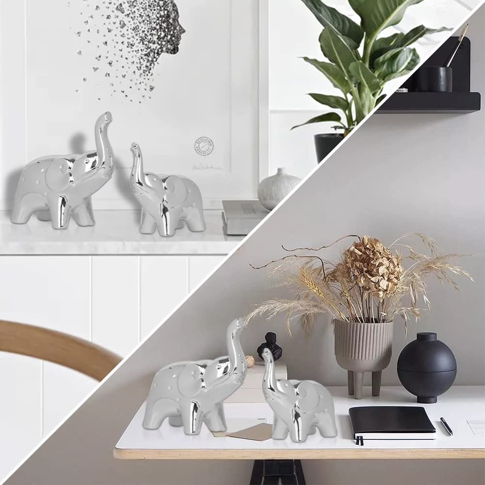 Sgorggo A Pair Elephant Statue Home Decor,Modern Style Figurines,Sculpture for Office Desktop Bookshelf Living Room (Silver)