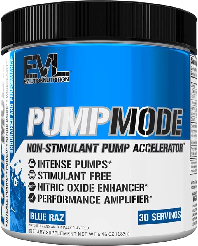 EVL PumpMode Nitric Oxide Supplement - Nitric Oxide Booster Pump Pre Workout Powder with Glycerol and Betaine for Muscle Recovery Growth and Endurance - Stim Free Pre Workout Drink (Blue Raz)