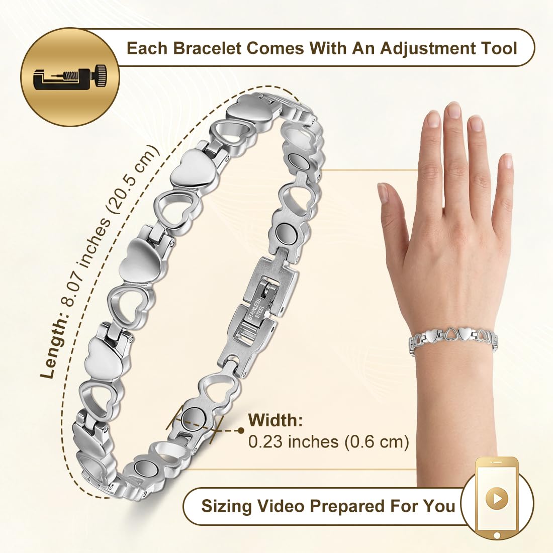 Vicmag Magnetic Bracelet for Women, Titanium Steel Bracelet with Ultra Strength Magnets, Waterproof & Adjustable, Jewelry Gift with Sizing Tool(Silver Heart)