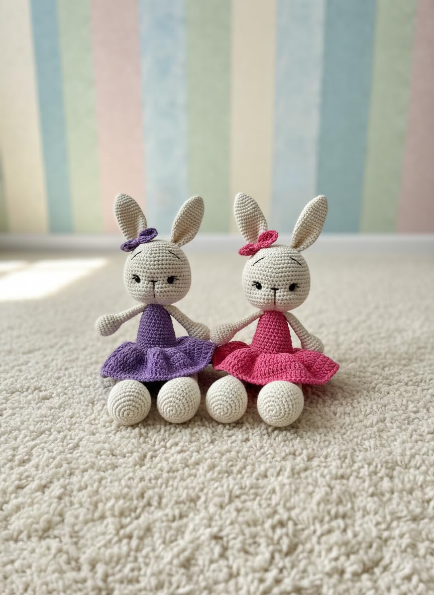 Handmade Bunny Plush – 13.5 inches - Soft Cotton Knit Stuffed Animal – Shower Gift – Nursery Decor – Crochet Toy 1PC (Violet)