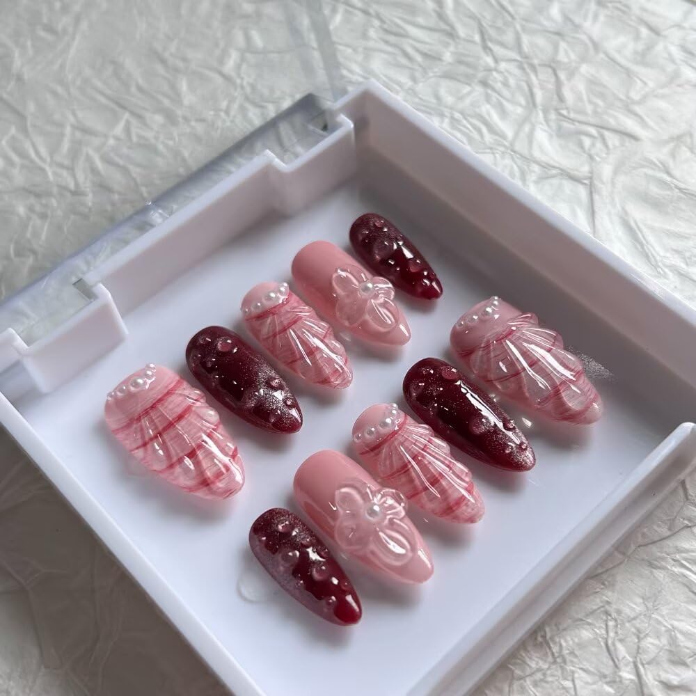 10 Pcs Press on Nails Medium Almond Fake Nails, 3D Pink Shell Design Full Cover Stick on Nails, Handmade Artificial Acrylic Nails with Nails File Set (Size M)