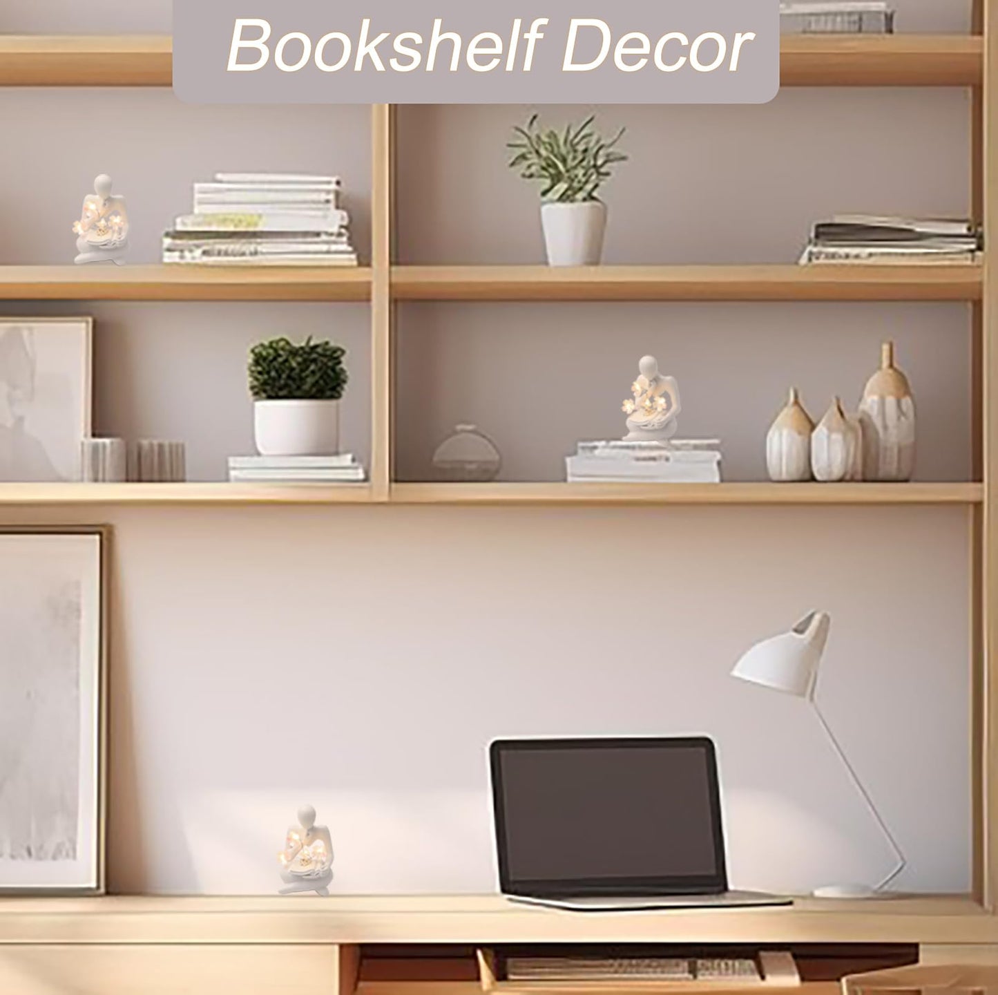 Sewinde Bookshelf Decor Thinker Statue, Battery Powered Night Light, Modern Abstract Reading Figurines Home Decoration, Living Room Office Shelf Table Desk Decor, Aesthetic Gift
