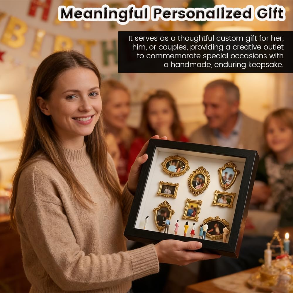 DIY Shadow Box Kit for Personalized Memories, Custom Memory Display with Mini Figurines and Gold Frames, Creative Home Decor Gift for Wedding Anniversary & Family Photos (Black,Without Lights)