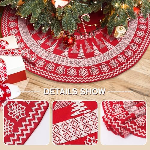 Knitted Christmas Tree Skirt,48 Inch Snowflakes Knit Christmas Tree Skirt Red Burgundy Tree Skirt Cable Knit Xmas Tree Skirt for Holiday Decoration