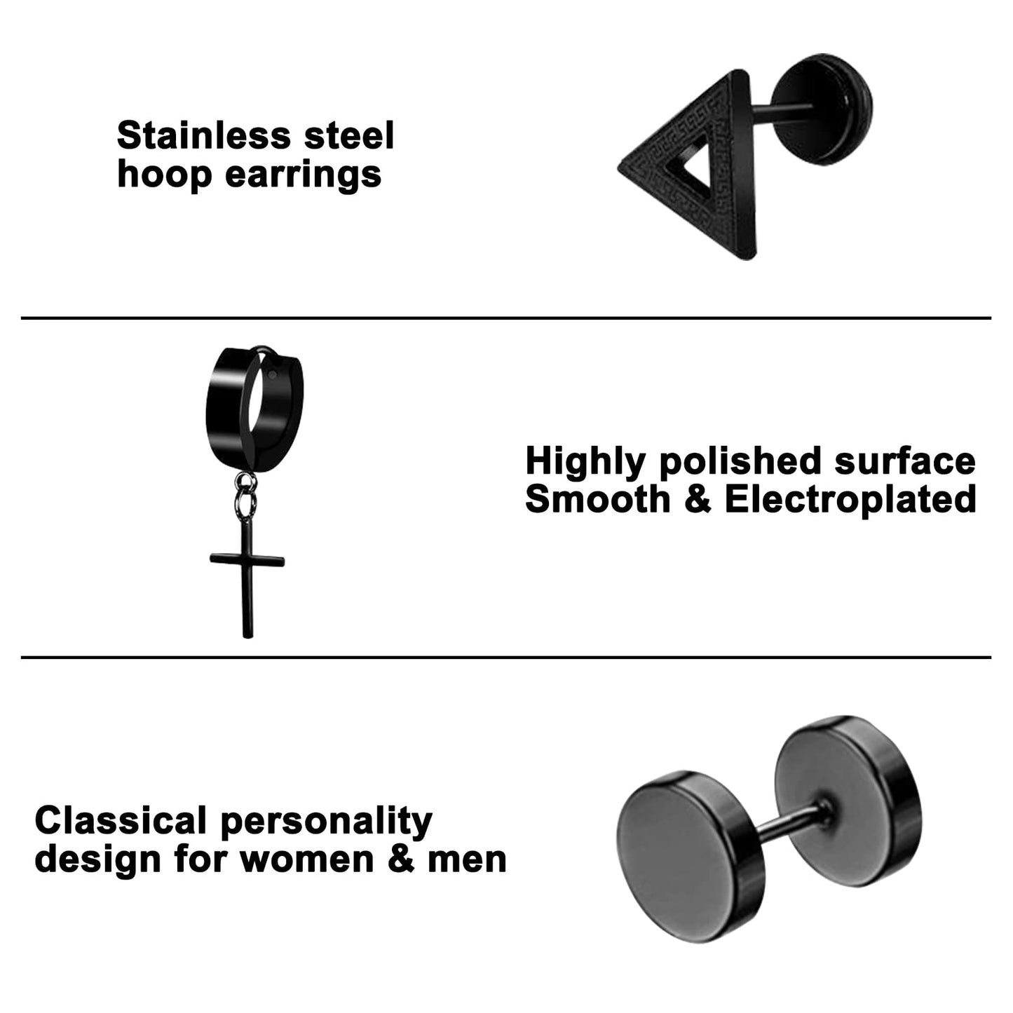 LEBOCADO 10 Pack Men Earrings Set Black and Sliver Earrings for Men Women, Stainless Steel Hoop Stud Earrings Fashion Piercing, Punk Earrings with Storage Boxes