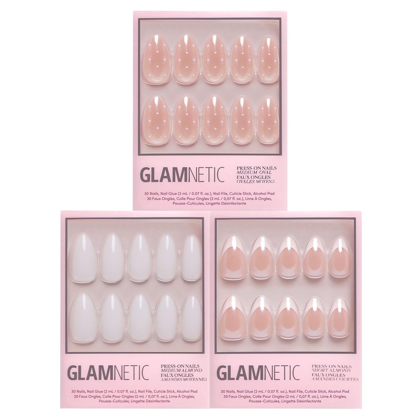 Glamnetic Press-On Nails Bundle - Sugar Glazed, Clouded & Mrs. | Medium Oval Fake Nails with White Polka Dots & Glazed Finish | Medium Almond Milky White Fake Nails | Short Almond Glazed French Tips