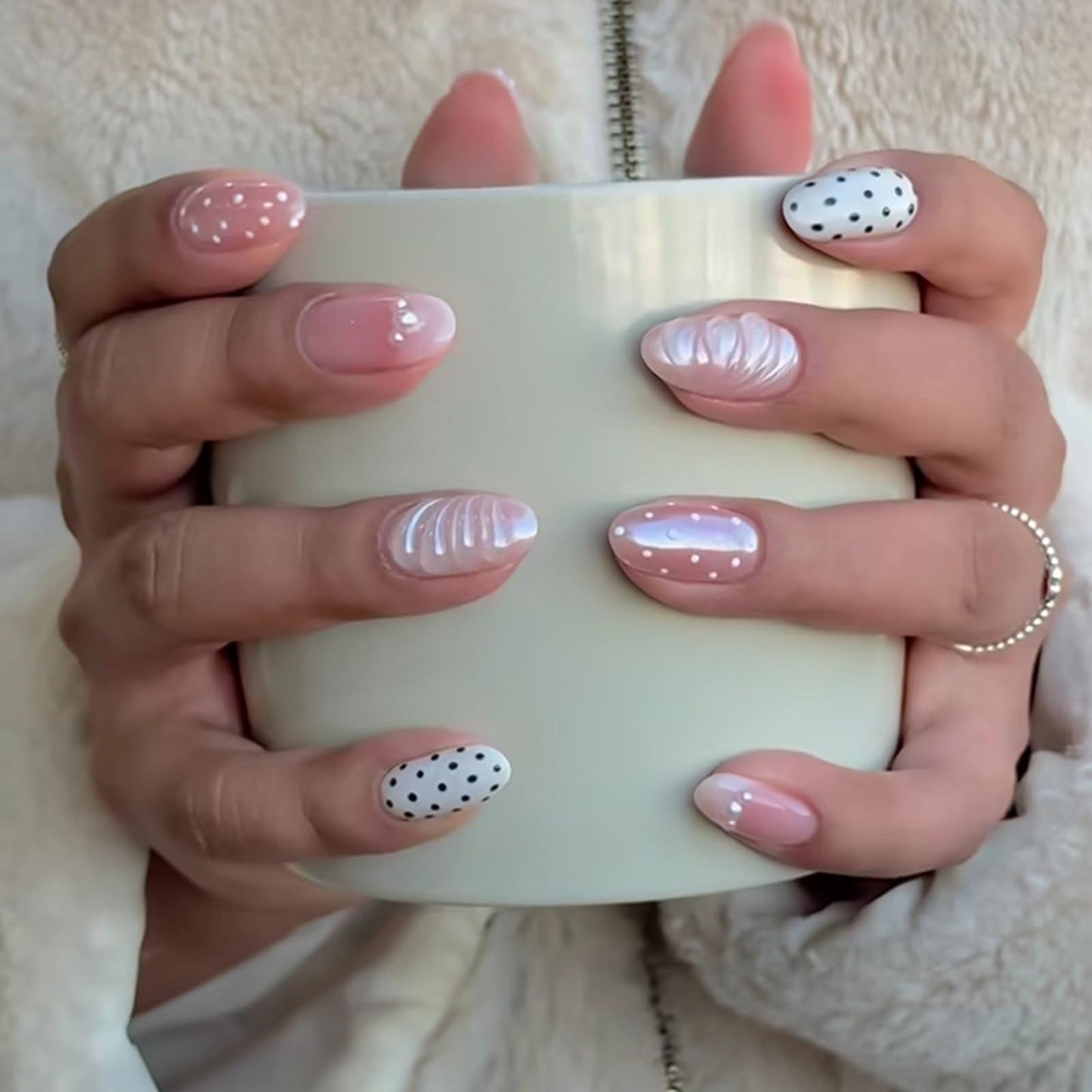 IMRAIN Almond Press on Nails, Medium Fake Nails, Nude Pink 3D Pearl Shell Polka Dot, 30 Pcs Reusable Glue on Nails for Women, Salon Quality