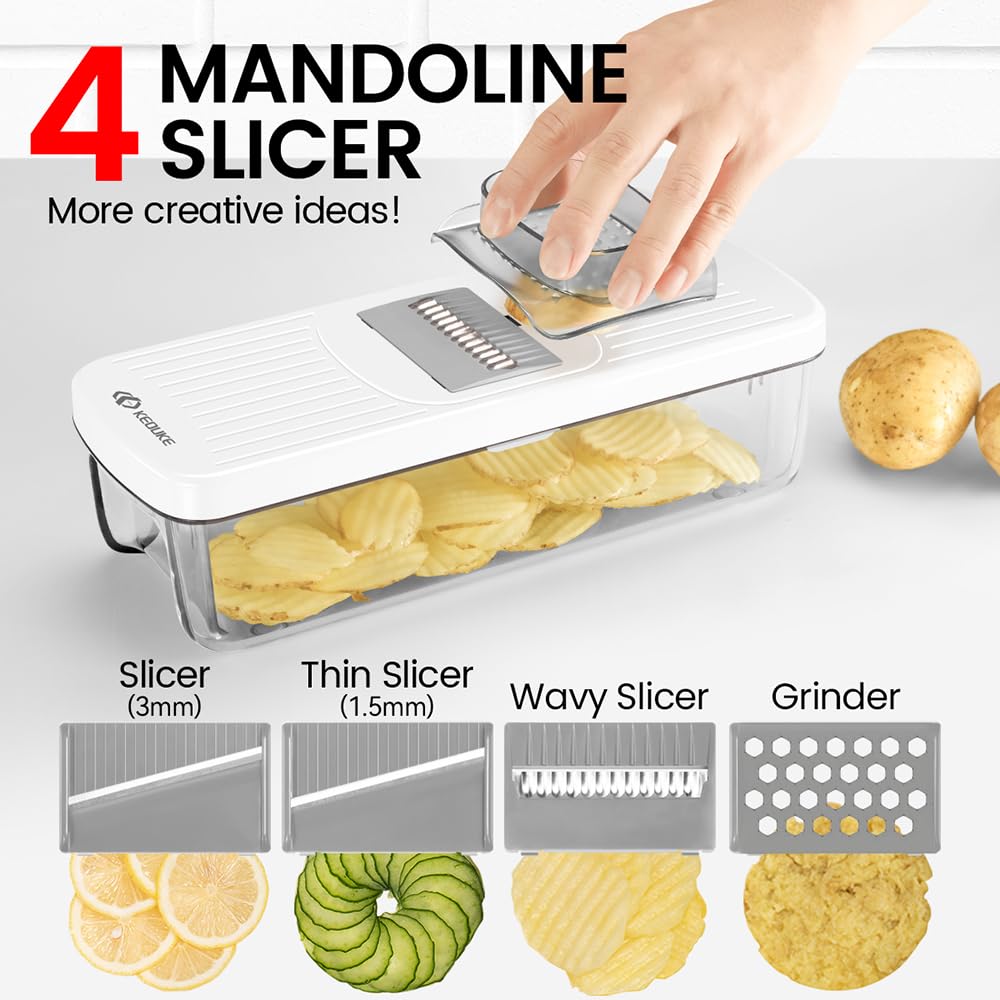 KEOUKE 8-in-1 Vertical Vegetable Chopper Mandoline Slicer with Container White - Safe Tap Out Dicer with Hand Guard for Kitchen Easy Food Prep, Onion Potato Veggie Fruit