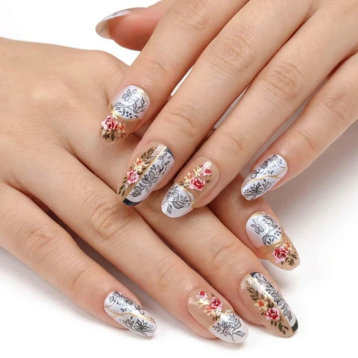 Flower Press on Nails Short Almond Fake Nails Blue Floral with Peony Design Full Cover Glossy Acrylic Artificial Fingernails Press Ons Blossom Stick on Nail 24Pcs