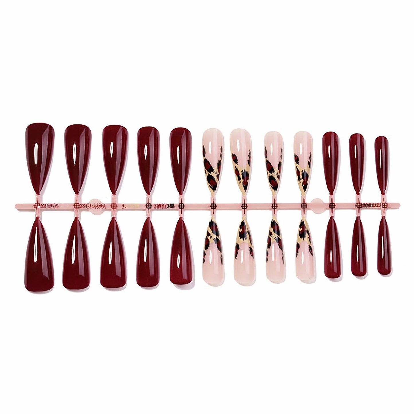 MISUD Press on Nails - Long Stiletto Fake Nails with Burgundy, Acrylic Cheetah Leopard Design 24 pcs