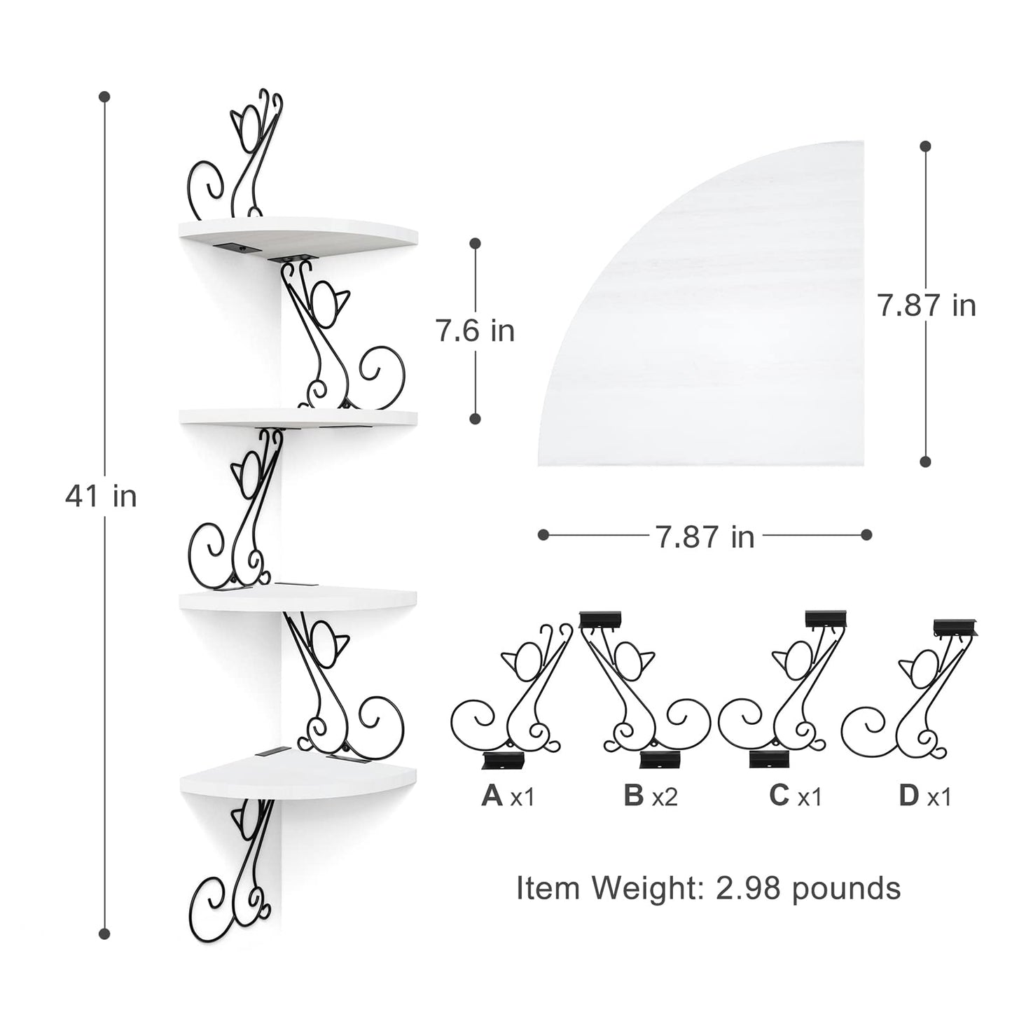 Alsonerbay Floating Corner Wood Shelves, 4 Tier Wall Mounted Rustic Storage Shelf, Cat Shaped Shelving for Wall, Solid Wooden Decor for Living Room, Bedroom, Kitchen, Bathroom, Office White