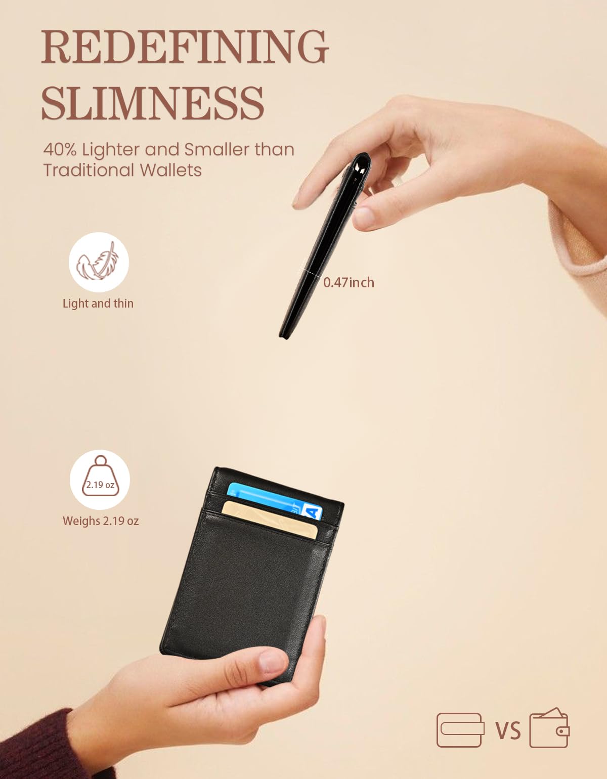 kinzd Slim Wallet with Money Clip RFID Blocking Minimalist Bifold Wallet for Men Genuine Leather Front Pocket Card Holder AS137 - #Nappa Black