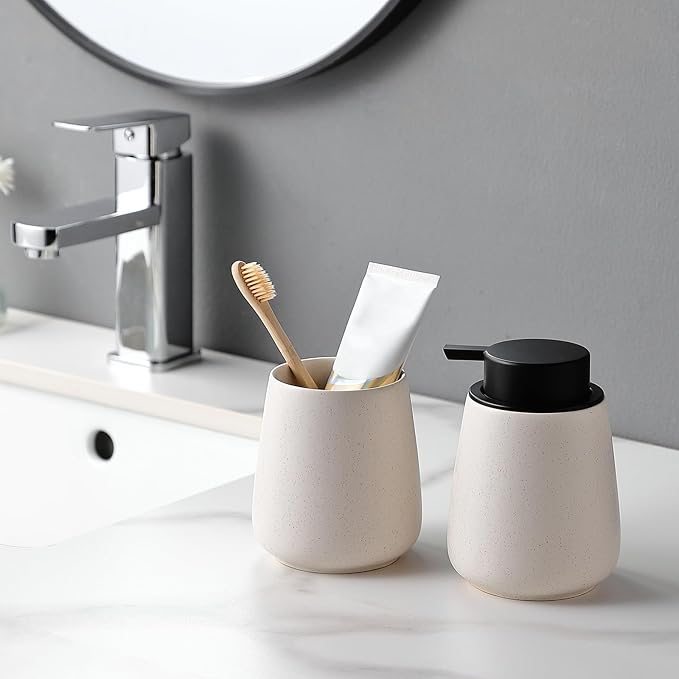 Beige Toothbrush Holder for Bathroom - Ceramic Tooth Brushing Holders, Toothbrush Cup, Toothpaste Organizer for Bathroom Countertop, Makeup Brush Holder, Pen Holder for Home Desktop Storage