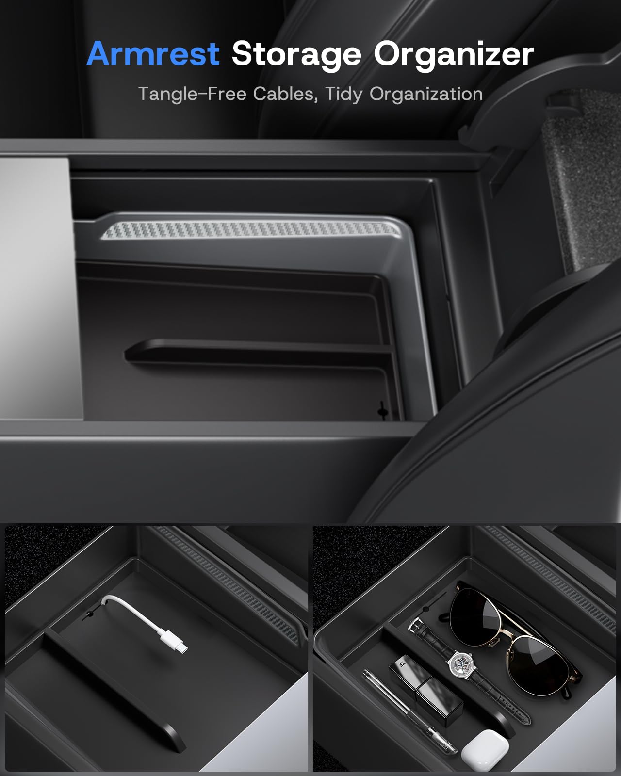 SUMK Center Console Organizer Tray for 2025 2026 Tesla Model Y Juniper (Premium & Performance) & All Model 3 Highland, Durable PC +Silent Silicone Liner Armrest Storage Box Wireless Charging Pad 4PCS
